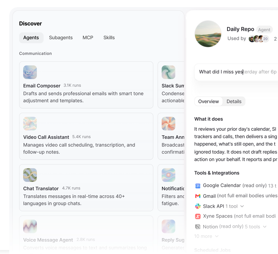 Xyne Claw: a Daily Repo agent showing its tools, integrations and schedule, beside a directory of discoverable agents
