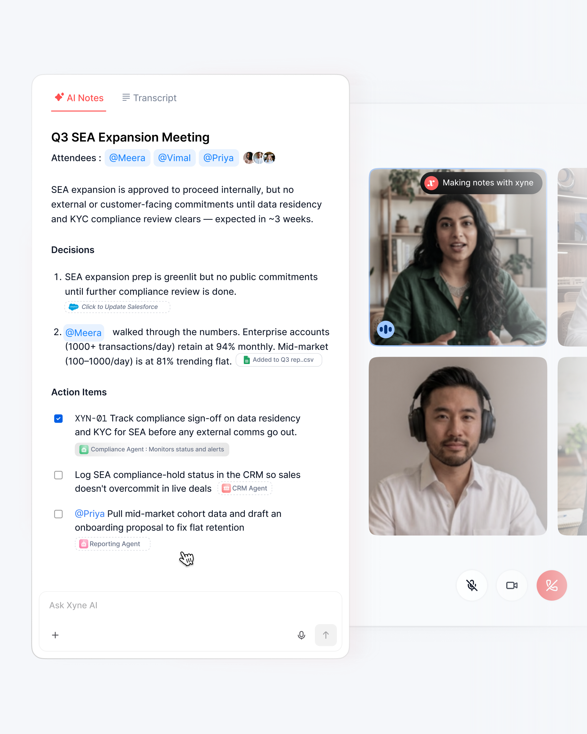 Xyne Scribe: AI notes from a meeting with decisions and action items routed to Salesforce and the CRM, beside the live call